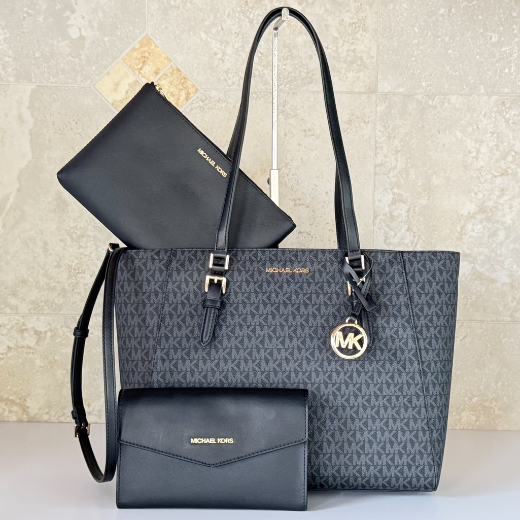 Michael Kors Charlotte 3 In 1 Tote Shoulder Bag + 2 Crossbody Mk Black